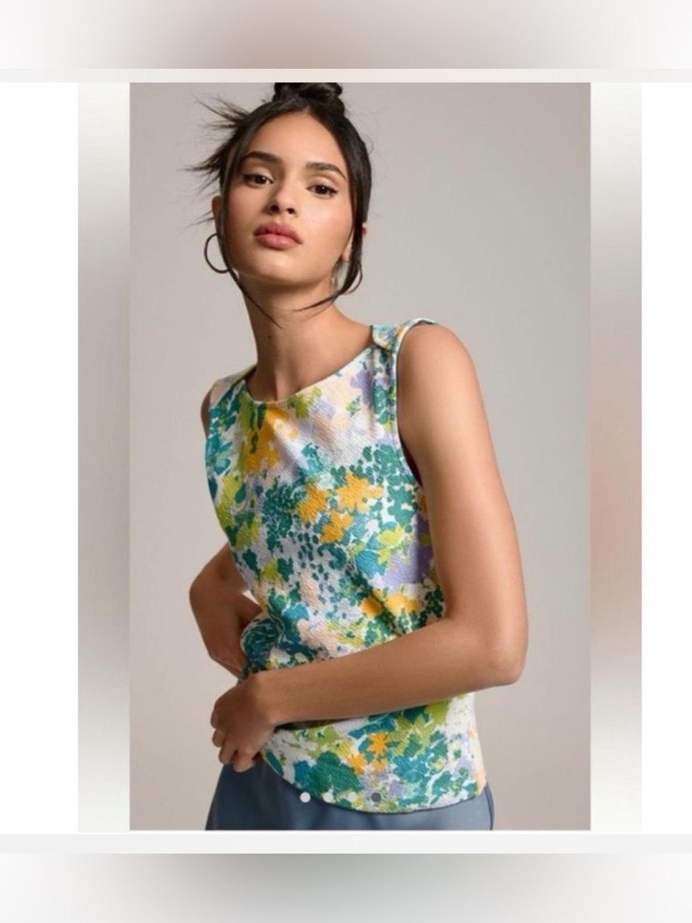 Anthropologie Floral Tank Top - Green, Yellow & Blue Colorful Boatneck